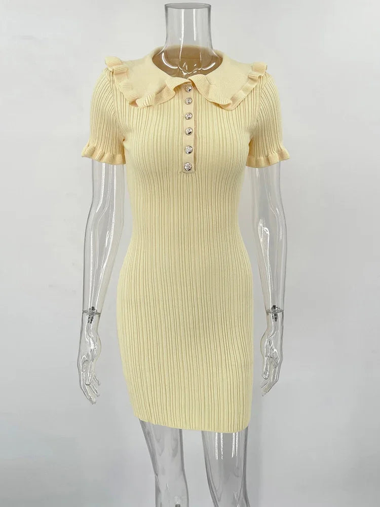 Vestido curto de malha com babados, cintura alta, para o verão