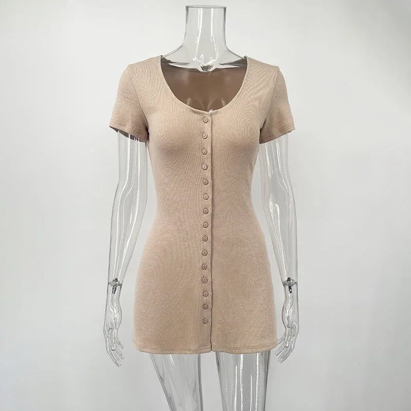 Vestido curto Tornova de malha, feminino, com decote em V, botões e mangas curtas elegantes