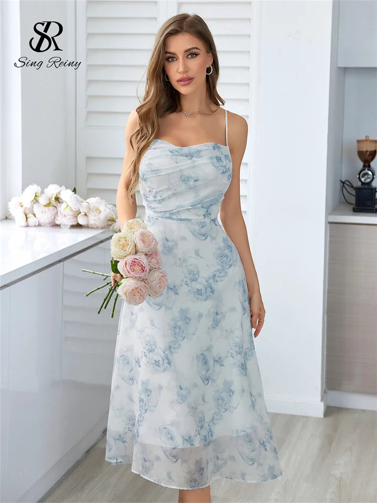 Vestido Singreiny floral de alças finas com elástico e franzido, sexy e vazado