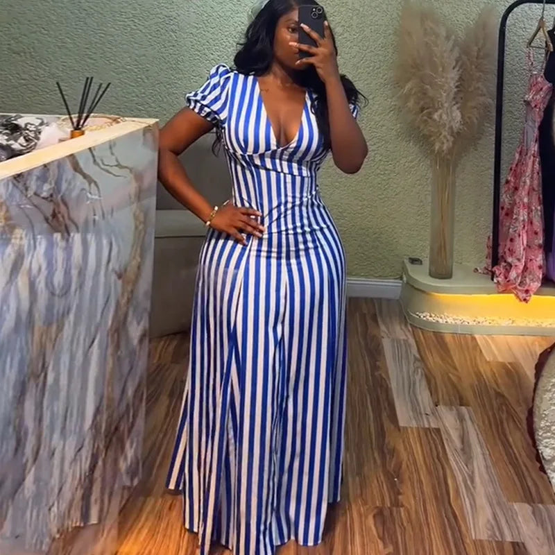 Vestido feminino listrado com decote em V, manga curta, elegante, justo e casual…