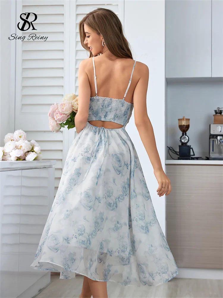 Vestido Singreiny floral de alças finas com elástico e franzido, sexy e vazado
