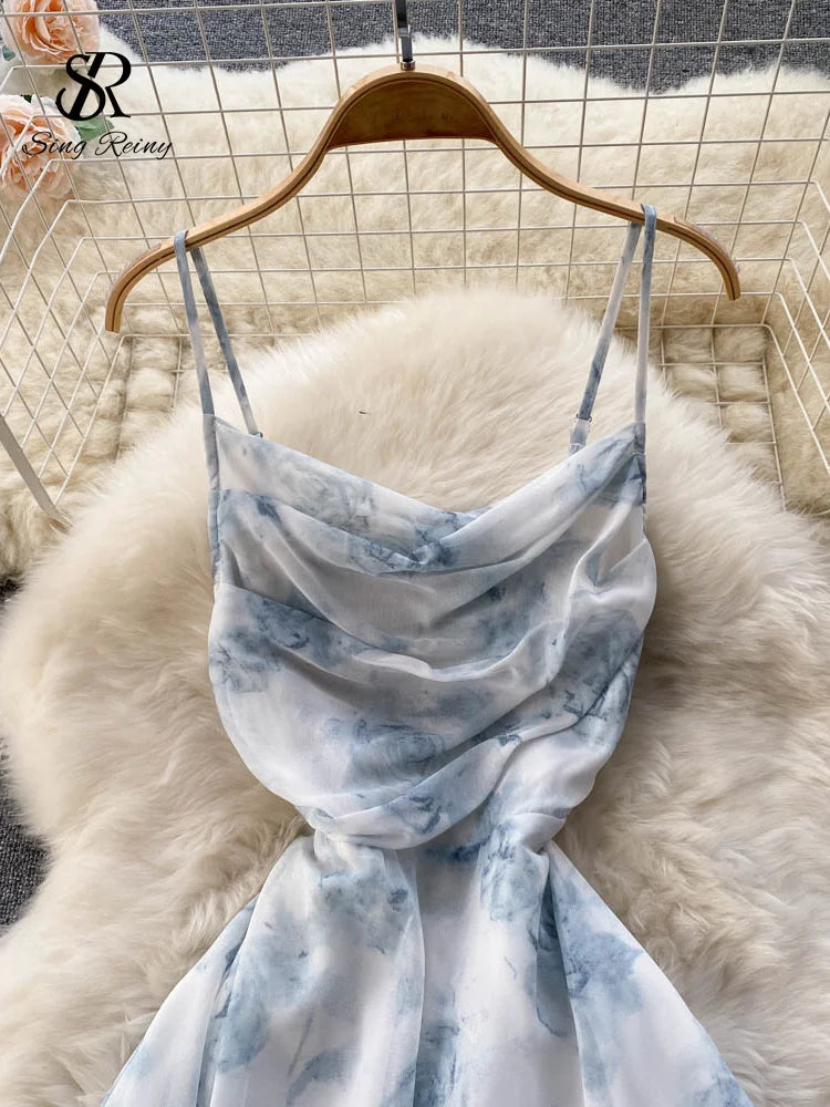 Vestido Singreiny floral de alças finas com elástico e franzido, sexy e vazado