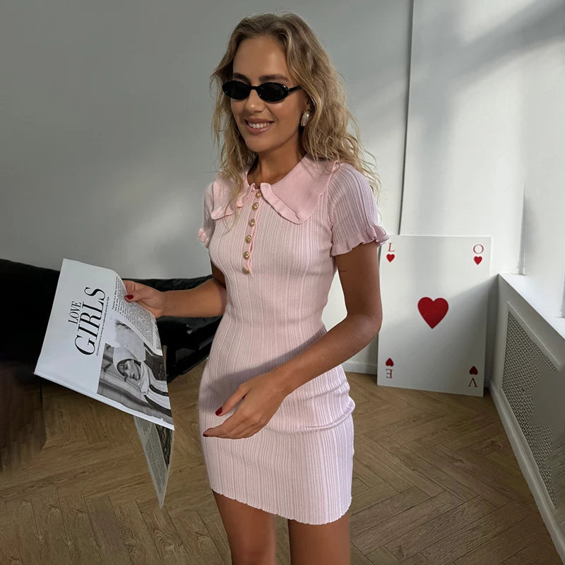 Vestido curto de malha com babados, cintura alta, para o verão