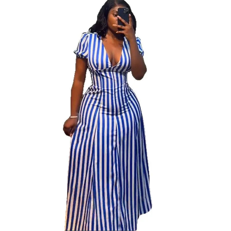 Vestido feminino listrado com decote em V, manga curta, elegante, justo e casual…