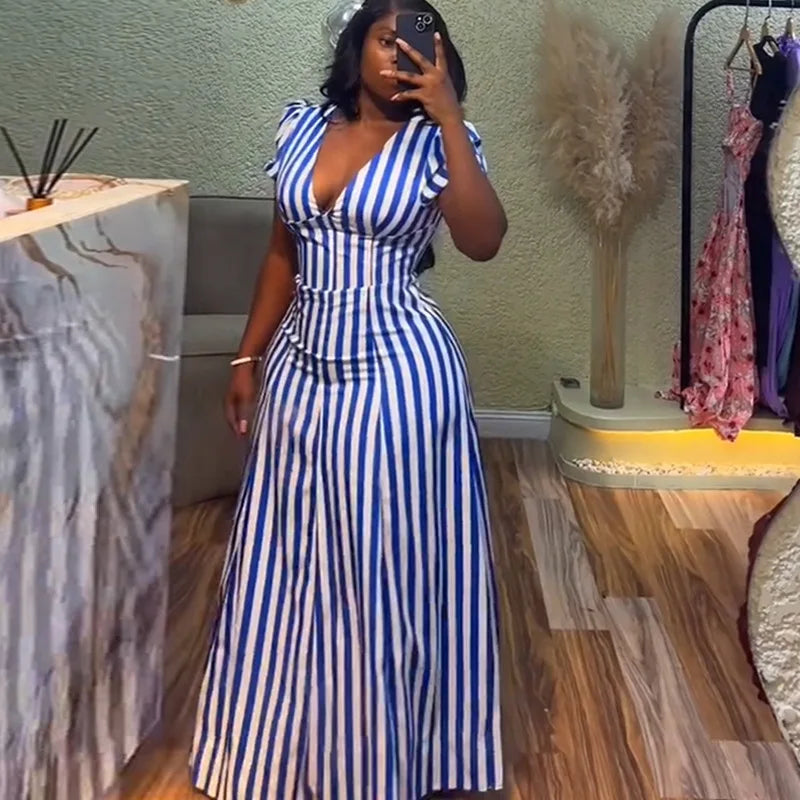 Vestido feminino listrado com decote em V, manga curta, elegante, justo e casual…