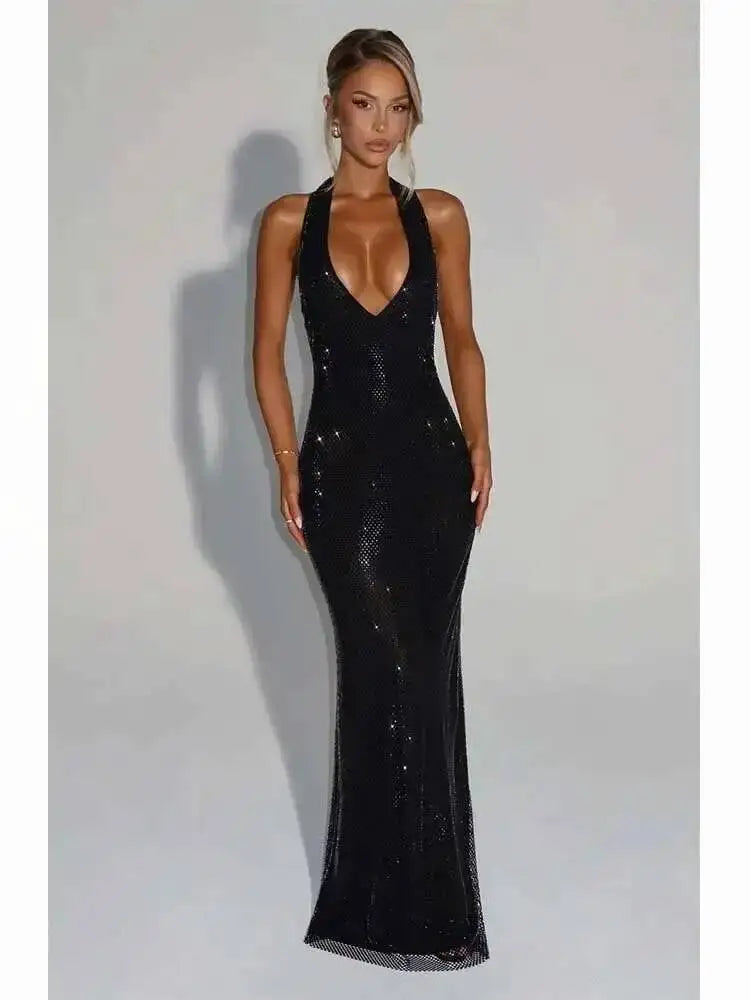 Vestido de festa sexy com lantejoulas alongadas, decote profundo em V nas costas e ideal para baladas