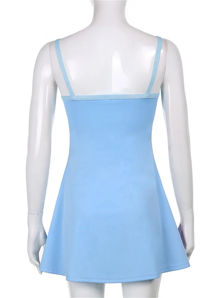 Vestido feminino Y2K com suspensórios, corte em A, sem mangas, em cores contrastantes, modelo U.