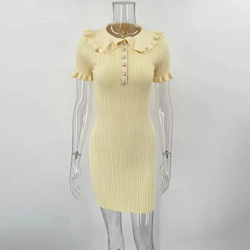 Vestido curto de malha com babados, cintura alta, para o verão