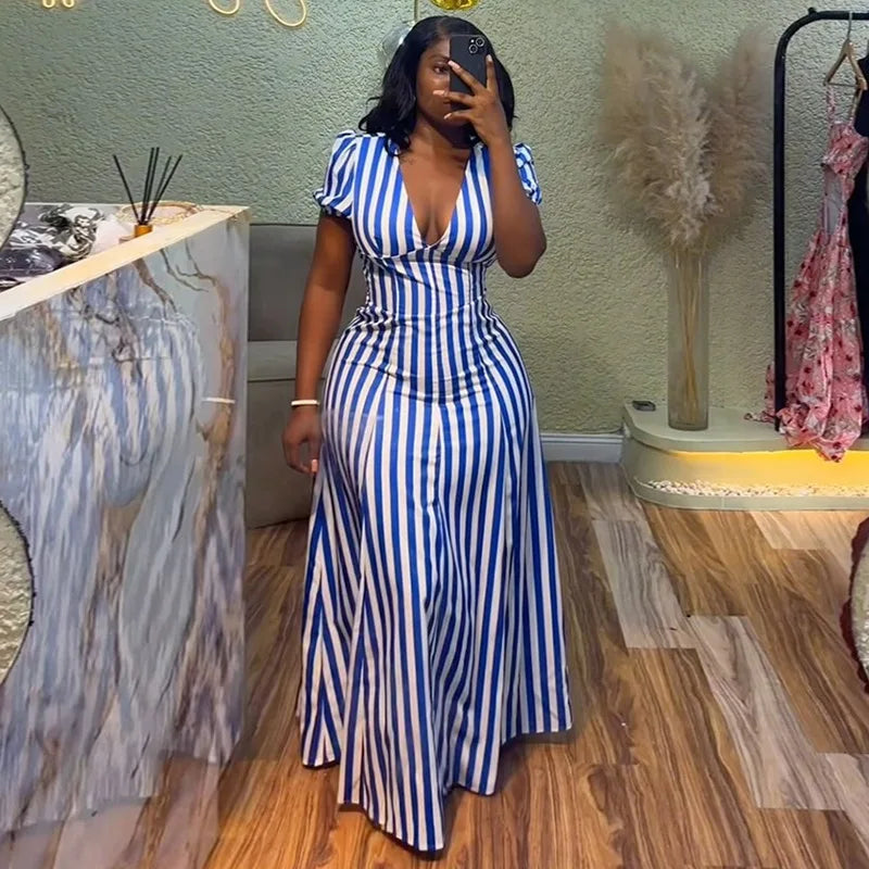 Vestido feminino listrado com decote em V, manga curta, elegante, justo e casual…